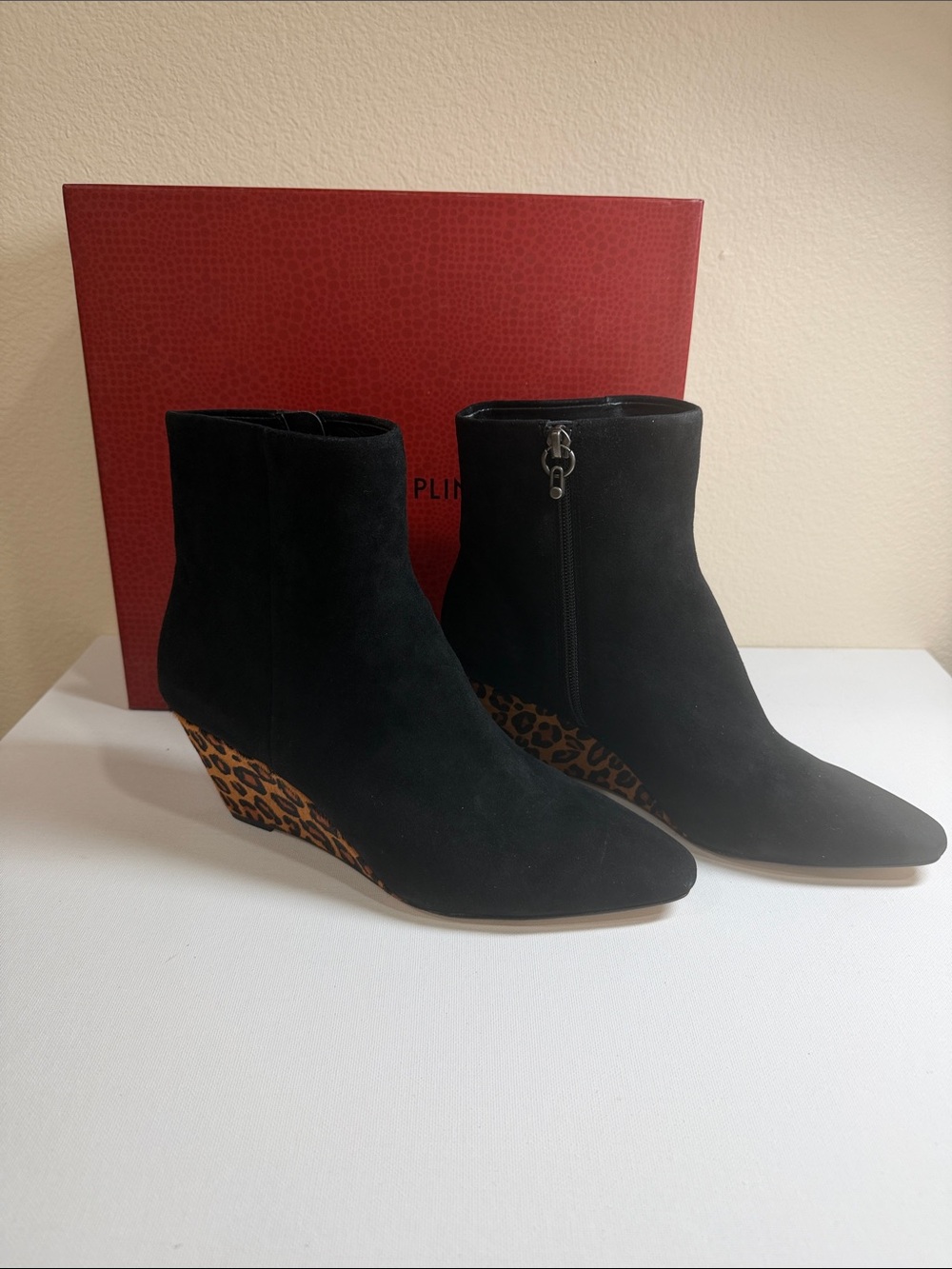 Donald J Pliner Black Suede Leopard Wedge Ankle Boots - calf hair